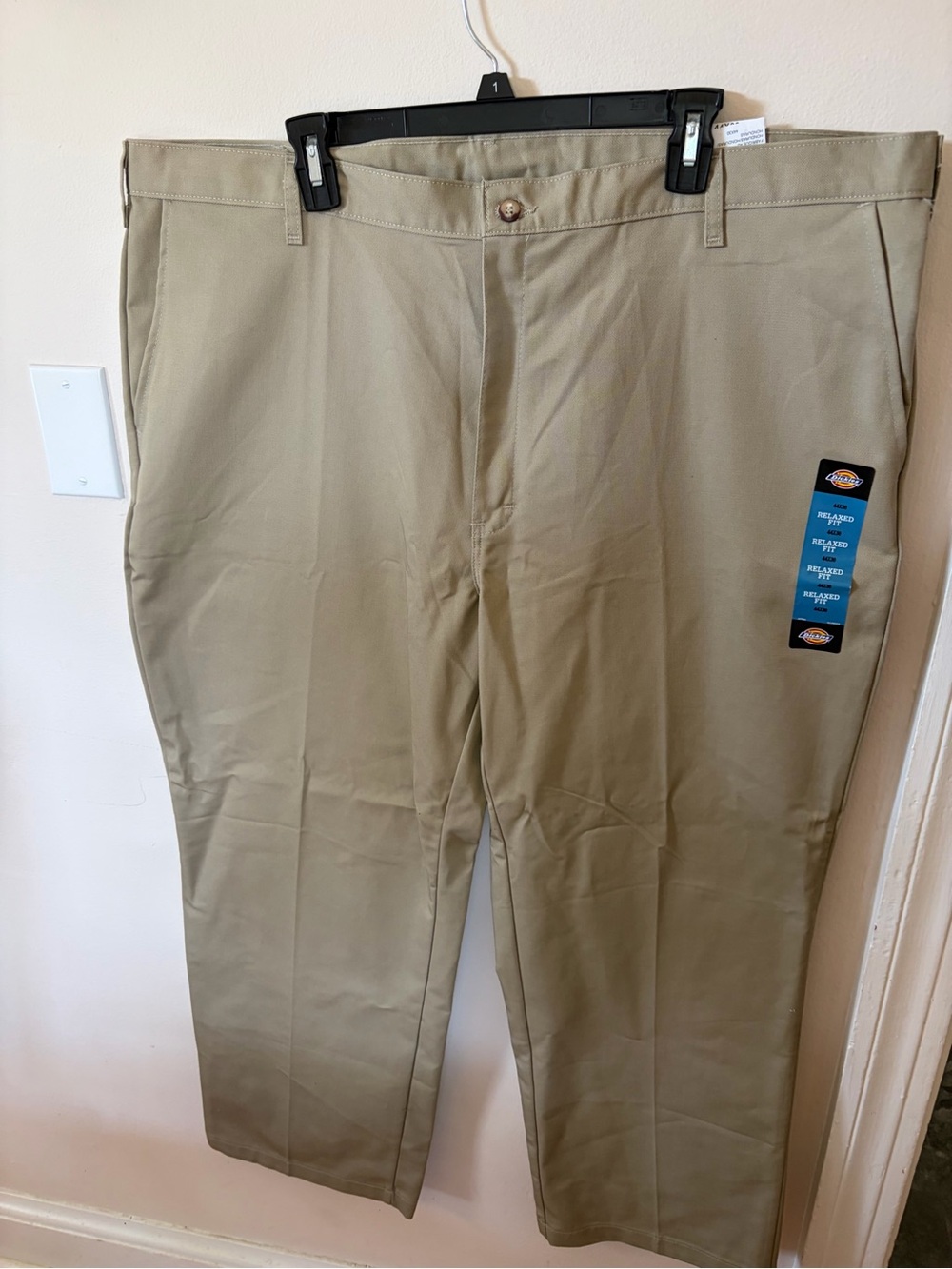 NWT Dickies Men’s size 44x30 khaki work pants with TMMK embroidered on it